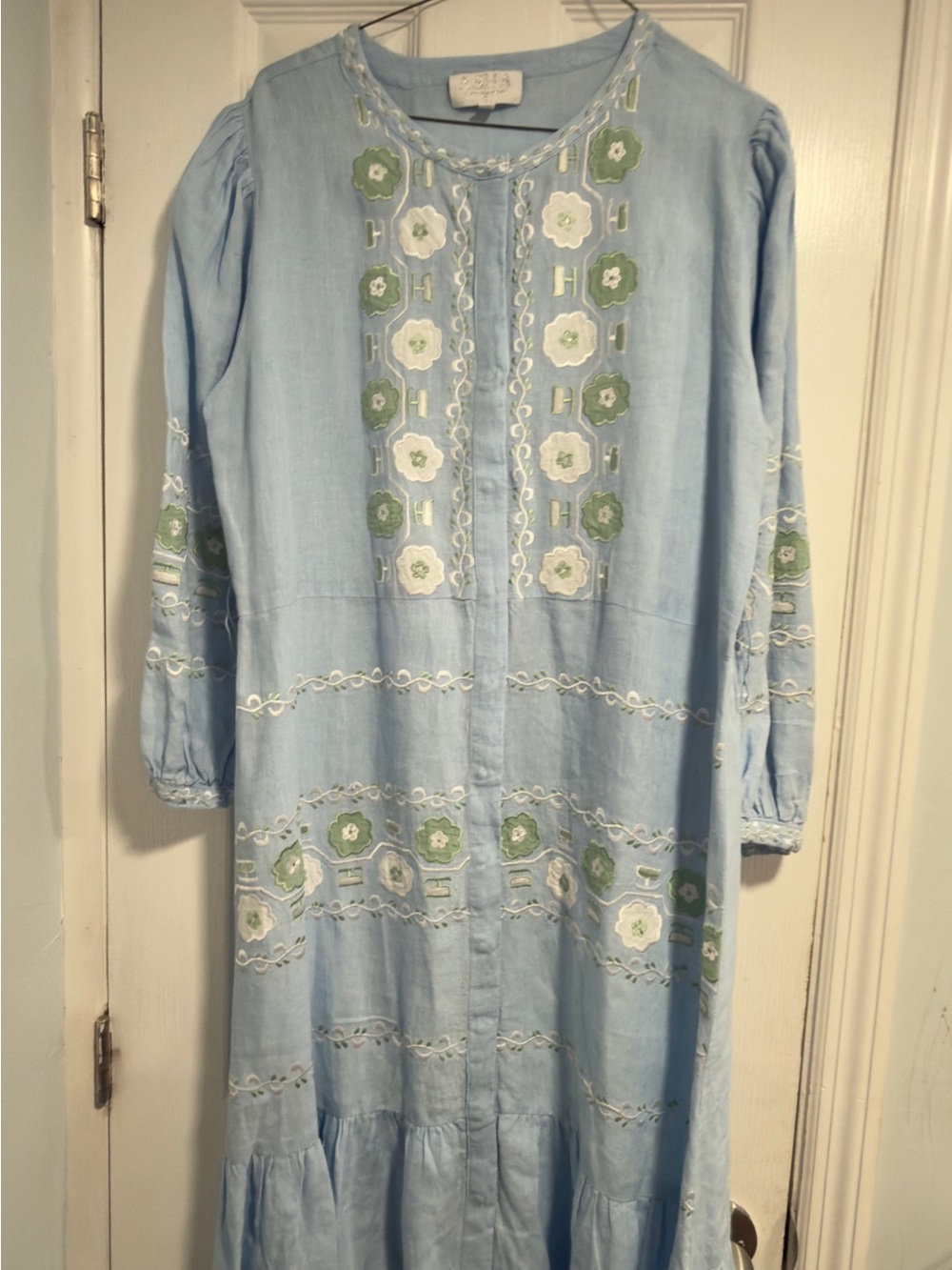 Light Blue Embroidered Maxi Dress with Tie Waist - Picture 5 of 13